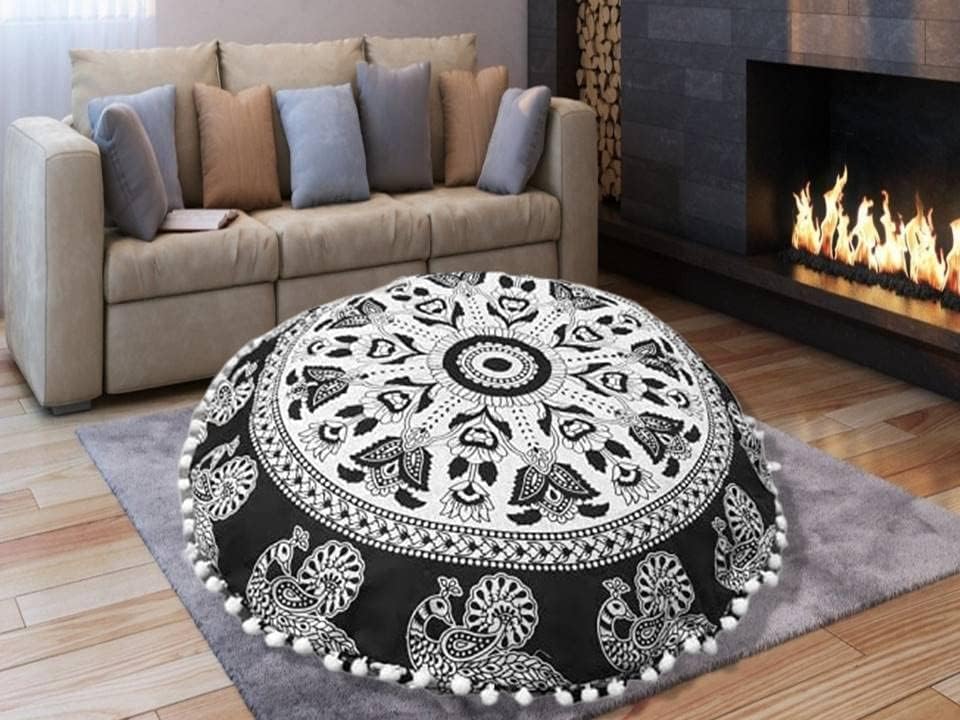 My Dream Carts Cojines redondos de 22 pulgadas para asiento de piso "Solo cubierta", fundas de cojín decorativas con mandala bohemio, funda de cojín para meditación, puf para yoga, hippie