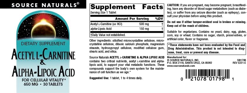 Acetil L-Carnitina y Ácido Alfa-Lipoico 650mg - Source Naturals