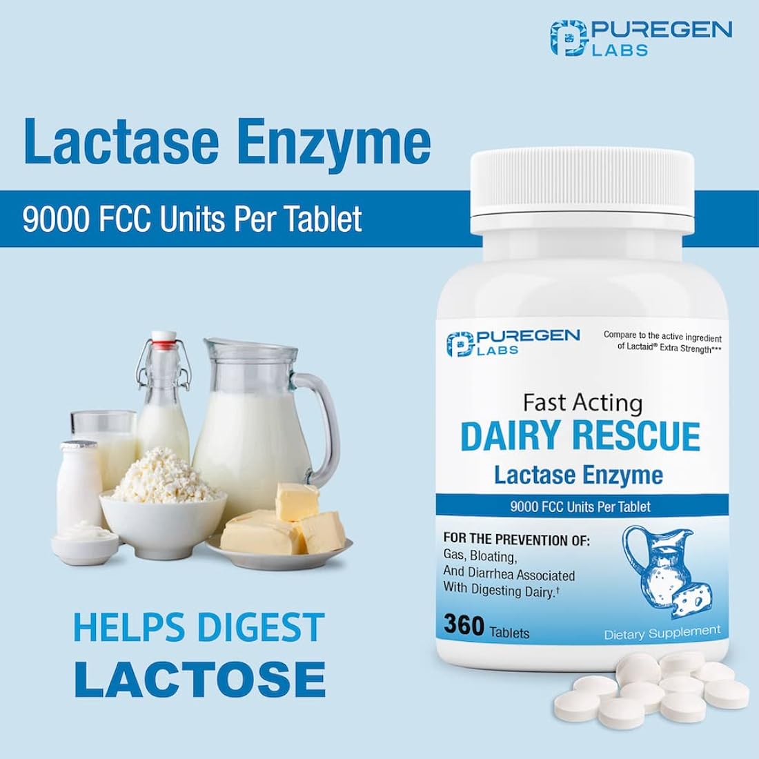 Suplemento Enzima de lactasa de acción rápida 360 tabletas