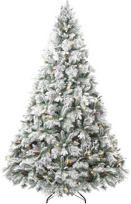 Árbol de Navidad nevado de 7.5ft con luces y piñas, modelo 1556