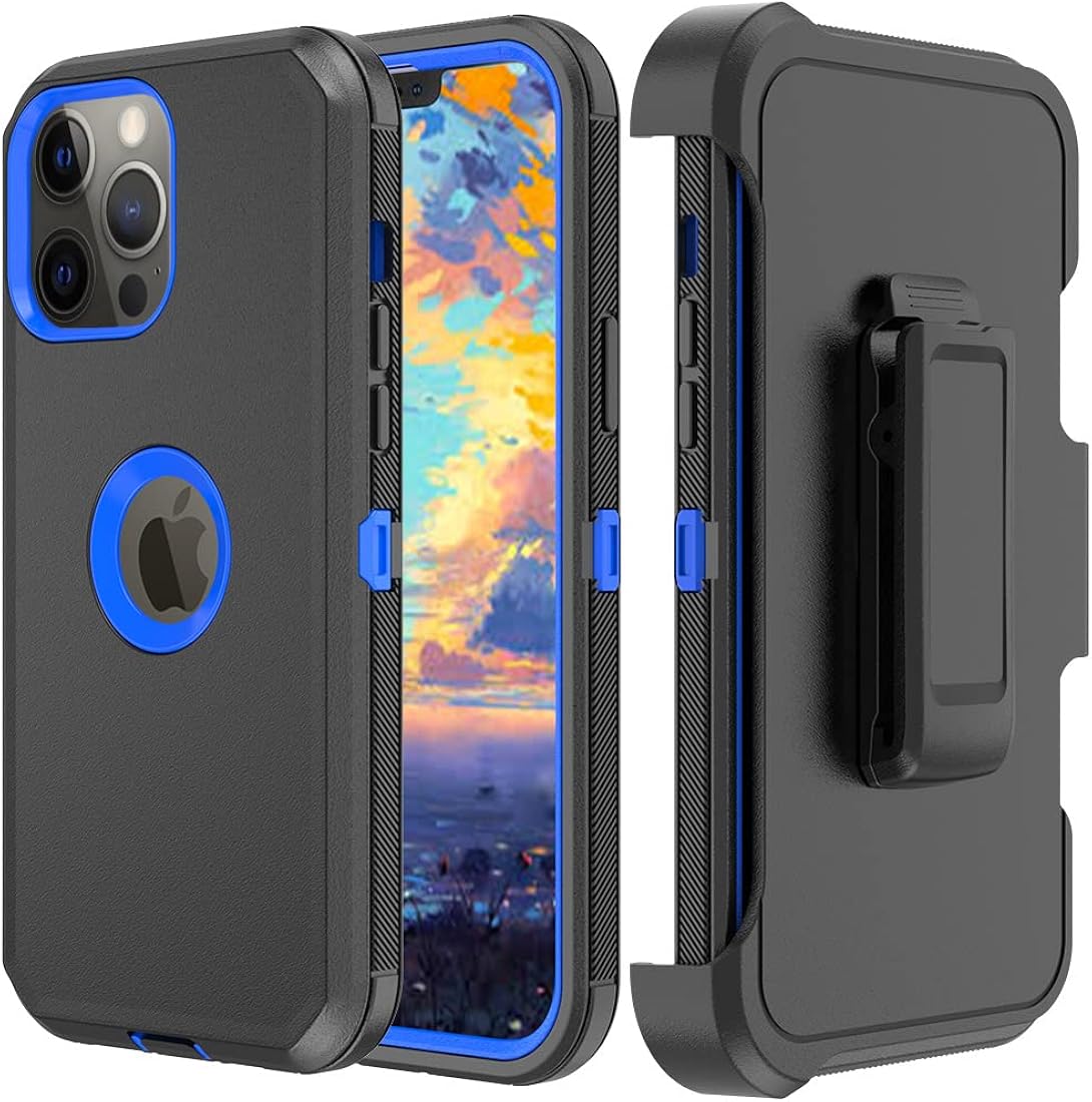 TASHHAR Funda para teléfono iPhone 13 Pro Max, resistente a prueba de golpes, funda protectora con clip para cinturón para Apple iPhone 13 Pro Max 5G 2021 (negro y azul)