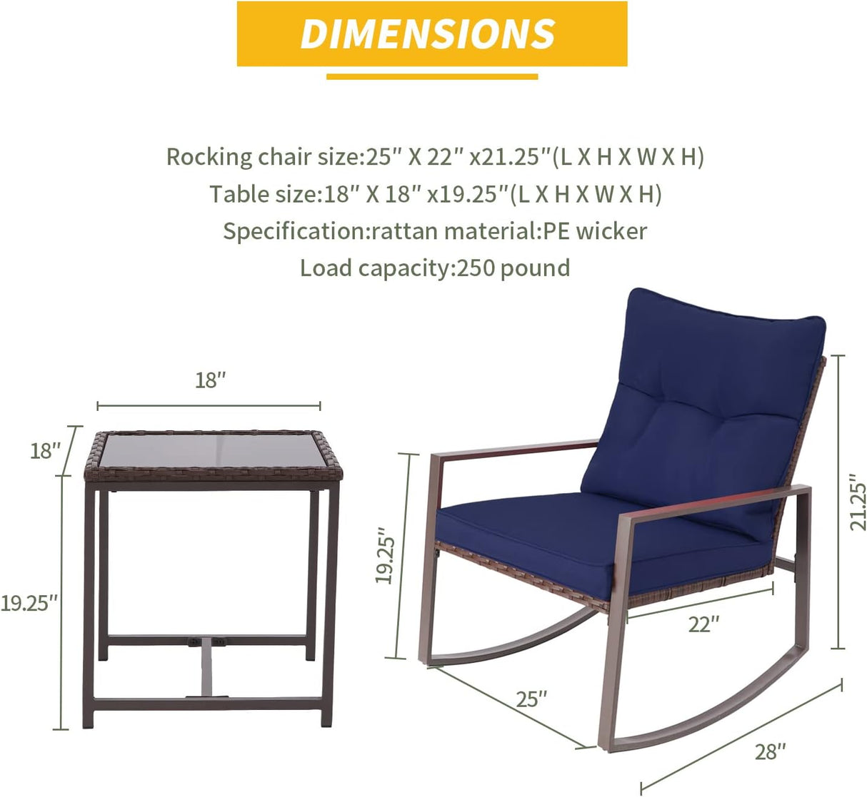 SUNCROWN Juego de 3 piezas para exteriores, muebles de mimbre negro, sillas de porche, juegos de conversación con mesa de café de cristal, azul oscuro