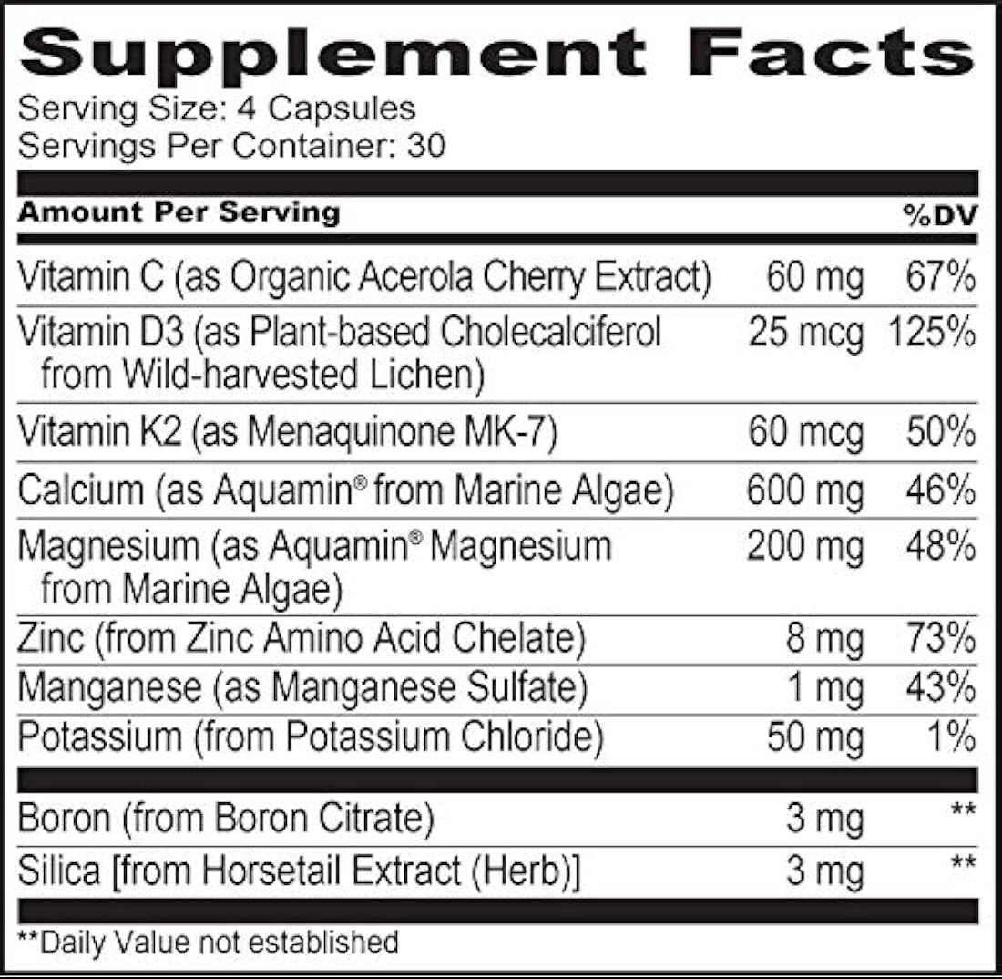 Natururelo - Fuerza ósea a base de plantas de calcio, magnesio, potasio, vitamina D3, VIT C, K2 - OMG, soja, ingredientes sin gluten, el mejor suplemento alimenticio completo para la salud ósea - 120 cápsulas vegetarianas