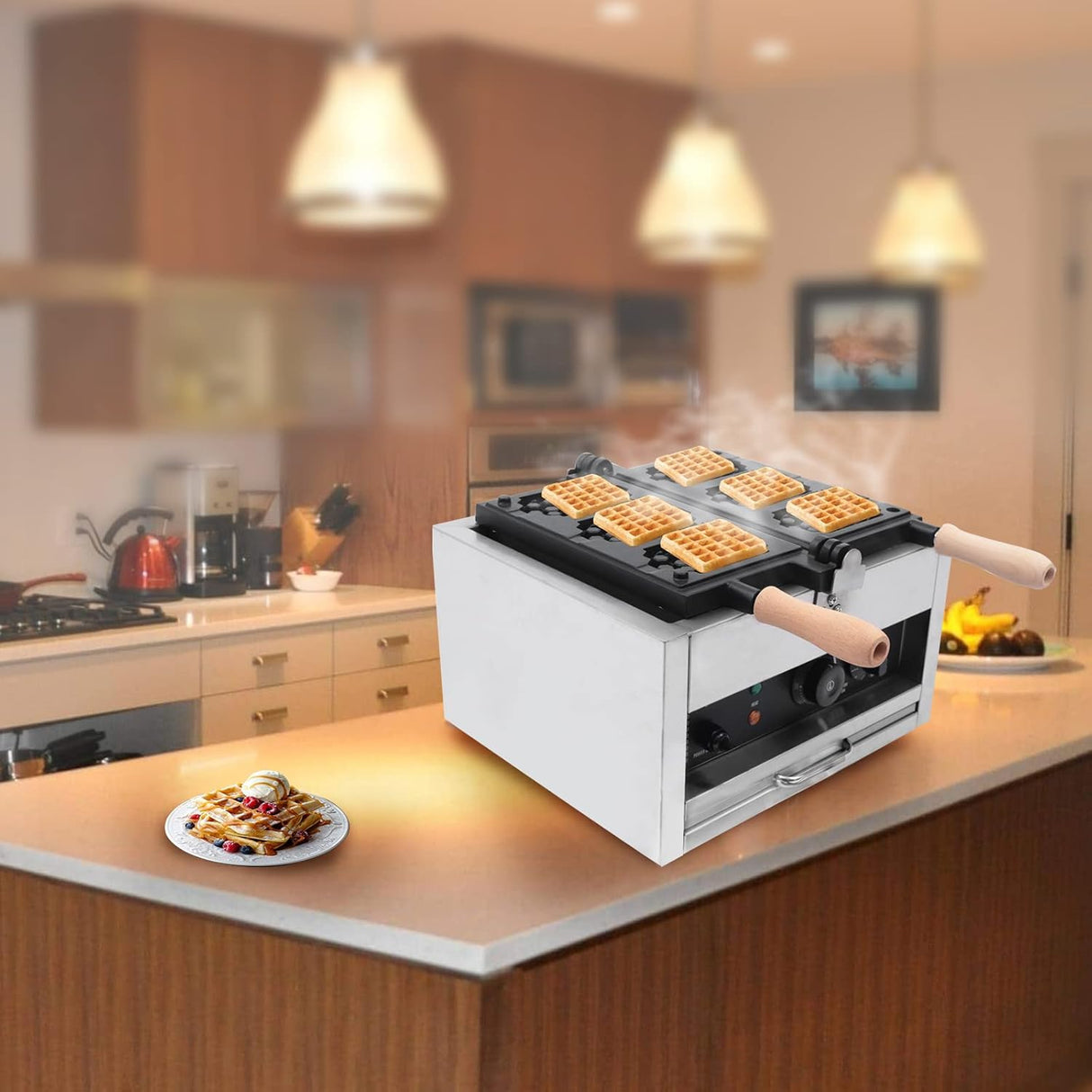 Máquina de Waffles Eléctrica, Acero Inoxidable, Doble Cabeza