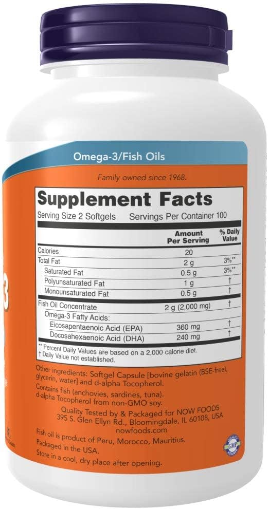 Suplementos Omega-3 NOW Foods, 180 EPA / 120 DHA, 200 Gelcaps