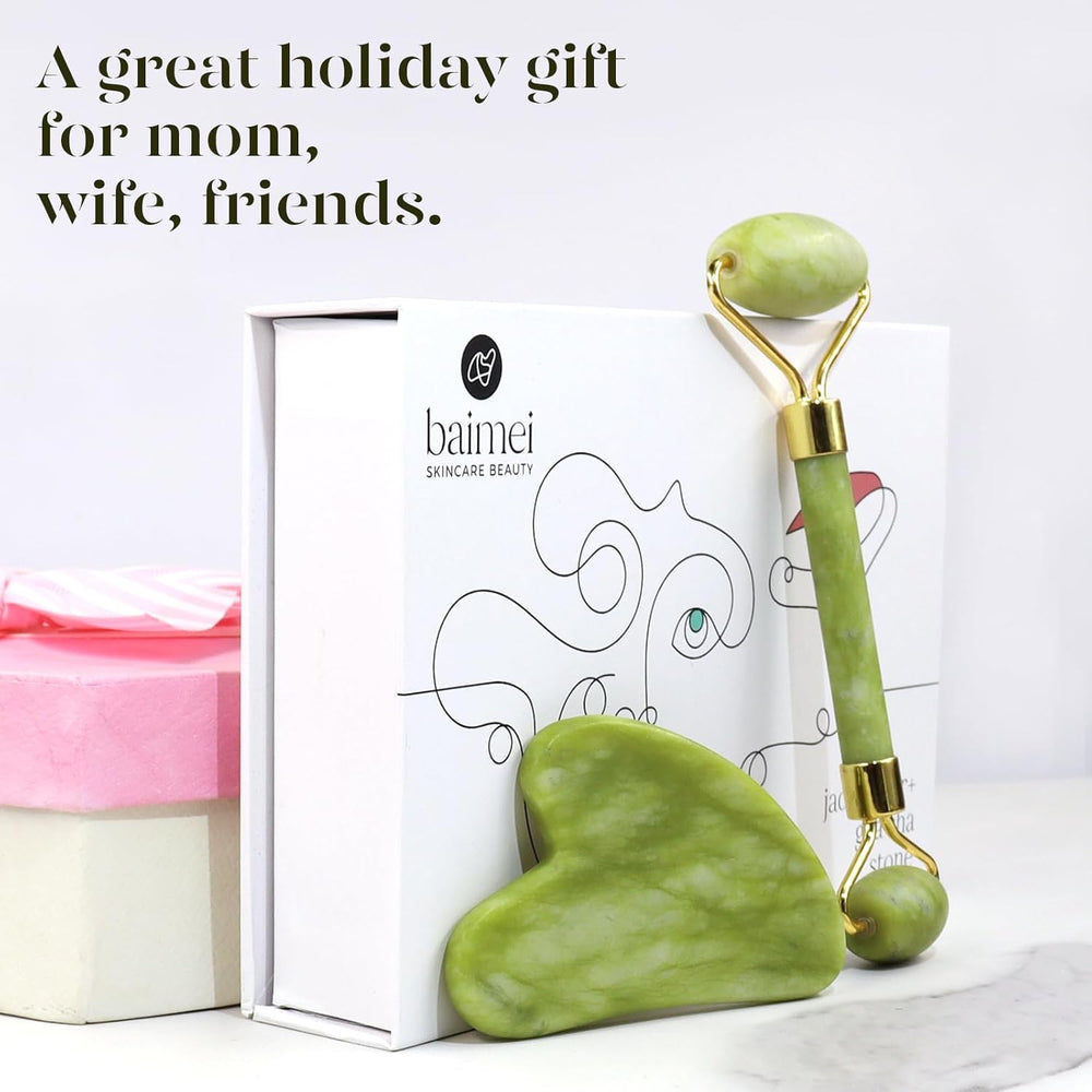 Juego de rodillo facial y Gua Sha de jade color verde