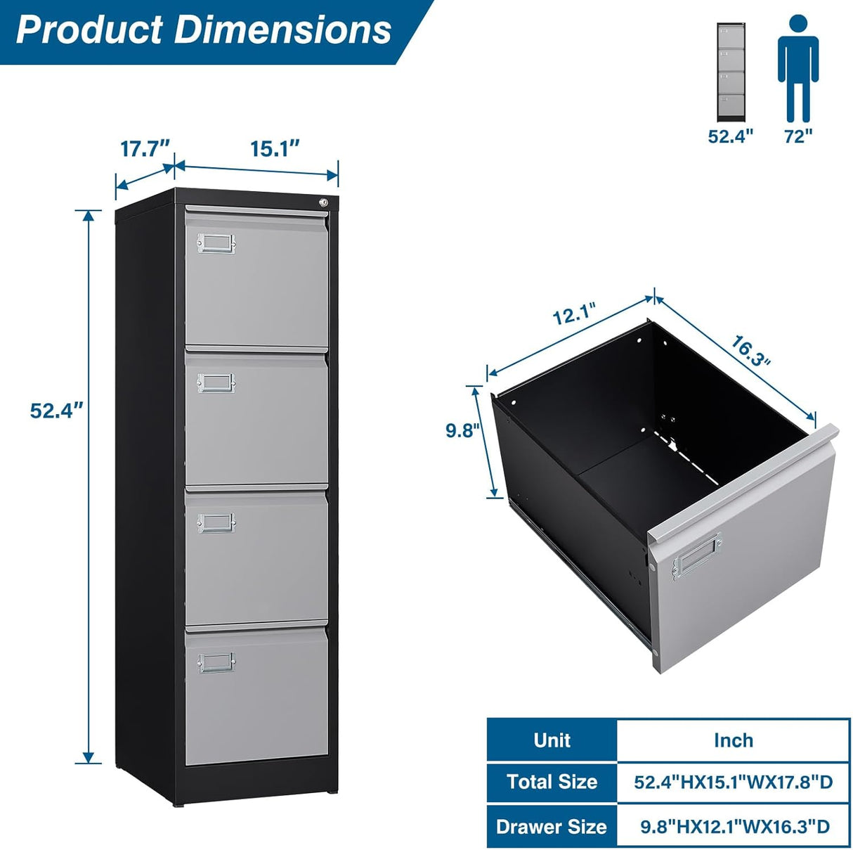 Archivador Vertical de 4 Cajones, Metal, Antivuelco, Modelo A4