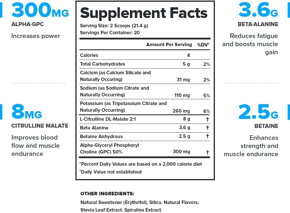 Suplemento Pre Entrenamiento Natural Sin Cafeína Blue Razz