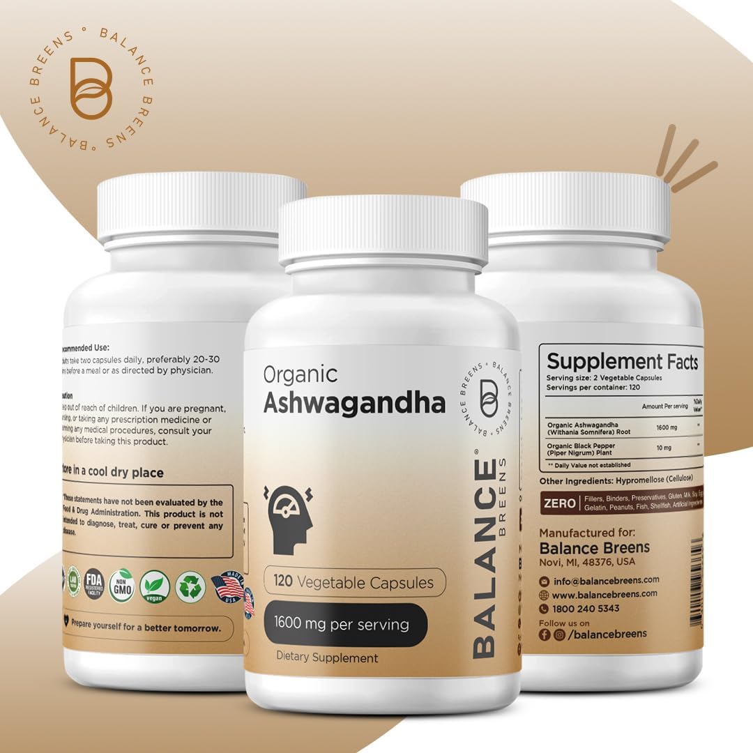 Suplemento de Ashwagandha 1600 mg - Balance Breens - 120 Vegano