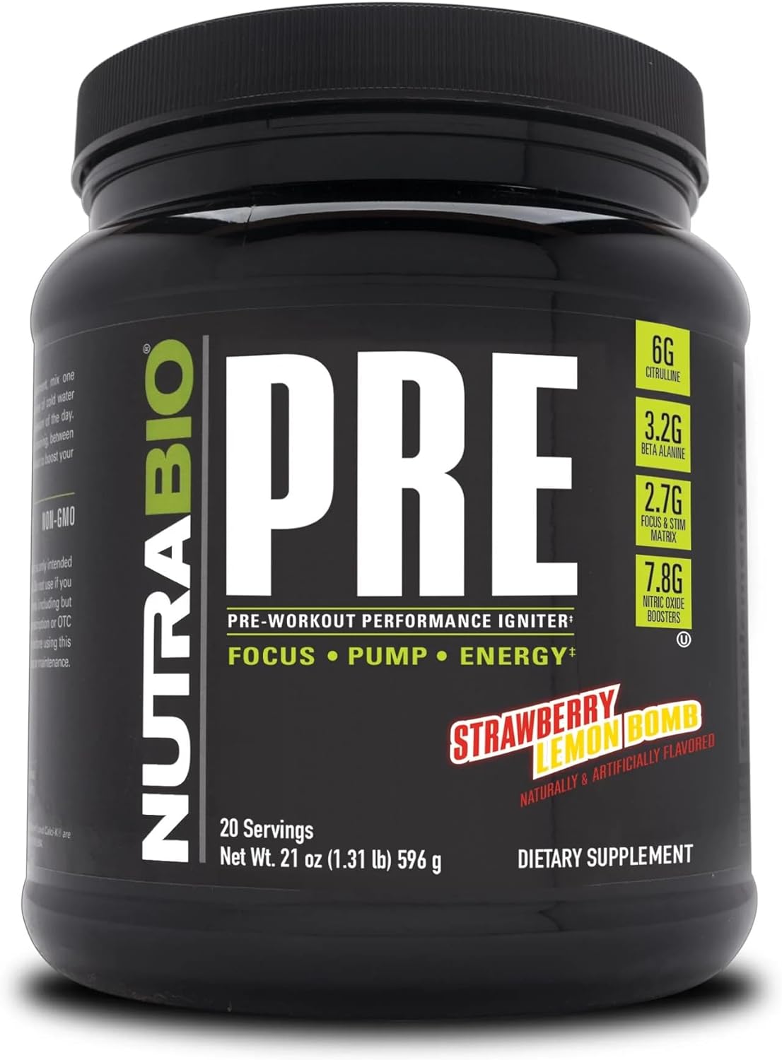 Suplemento NutraBio PRE Entrenamiento V5 de fresa y limón