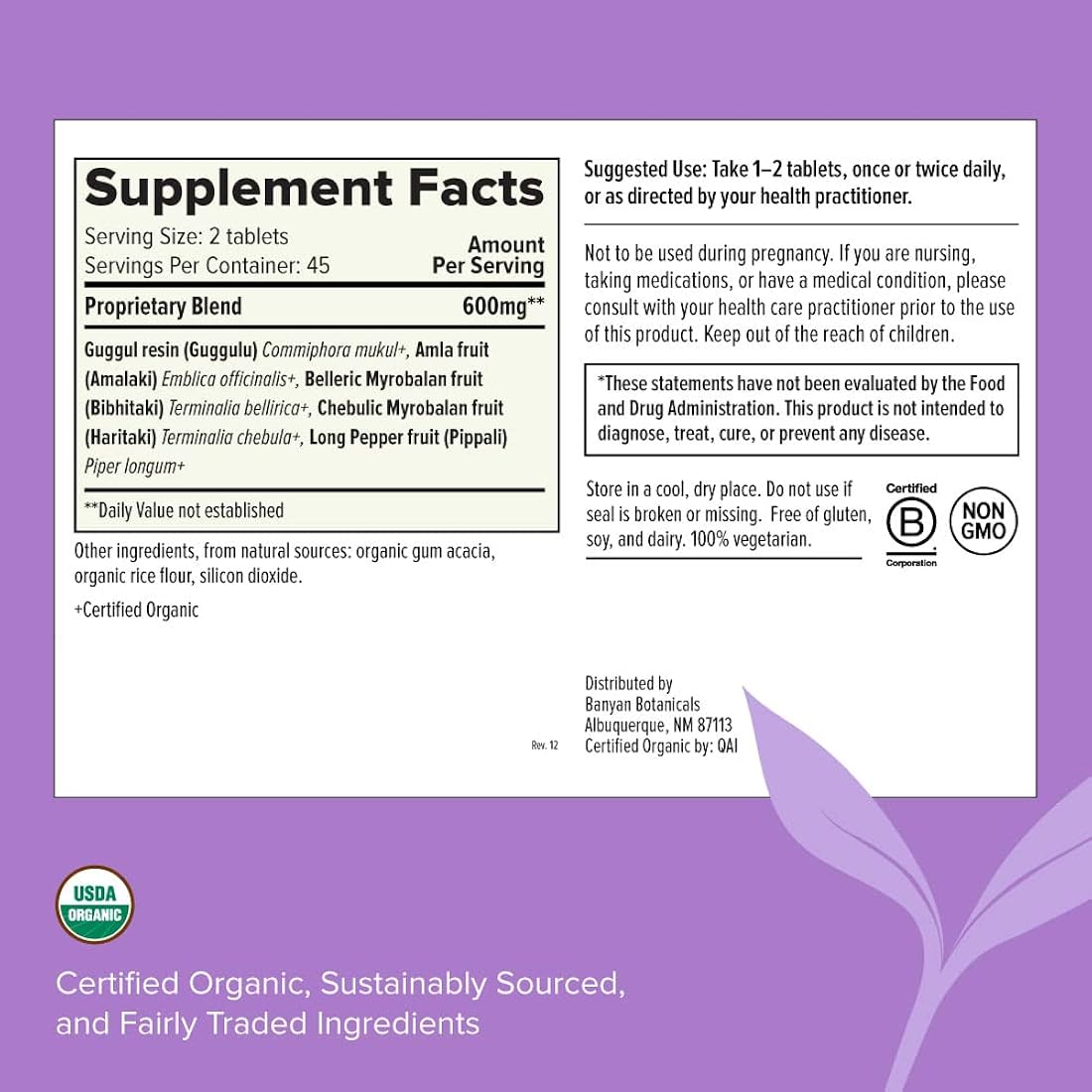 Suplemento Botanicals Triphala Guggulu Pippali orgánico