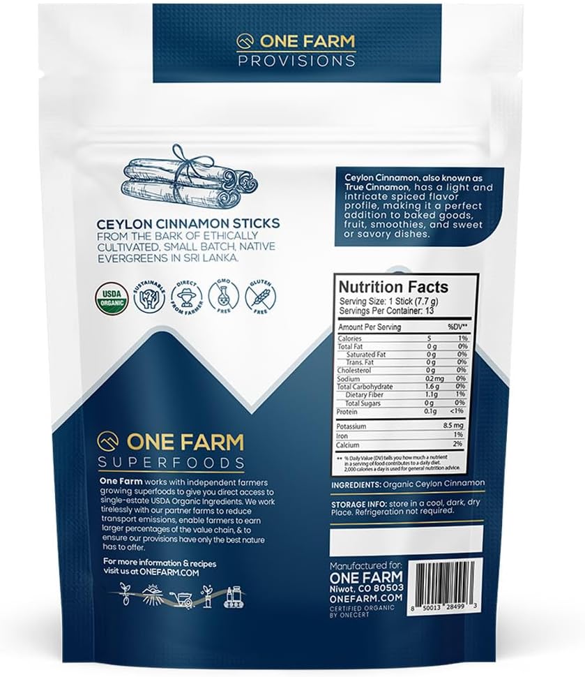 Canela Ceylán Orgánica, Premium de Sri Lanka, Sin OGM, 100g