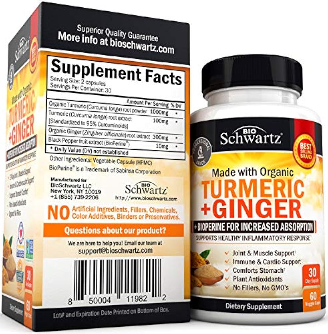 Cápsulas orgánicas de cúrcuma y jengibre con pimienta negra