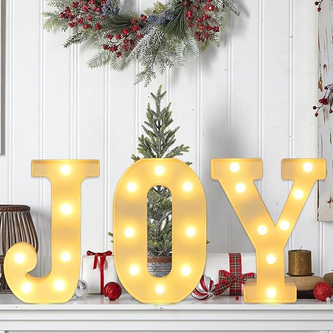 Letrero LED Joy, decoración navideña, 3 luces, batería, interior