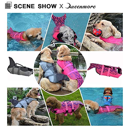 Queenmore - Chaleco salvavidas para perros pequeños, medianos, grandes, estilo pescado, chaleco flotante con mango de goma suave ajustable, XS, Rosado pez
