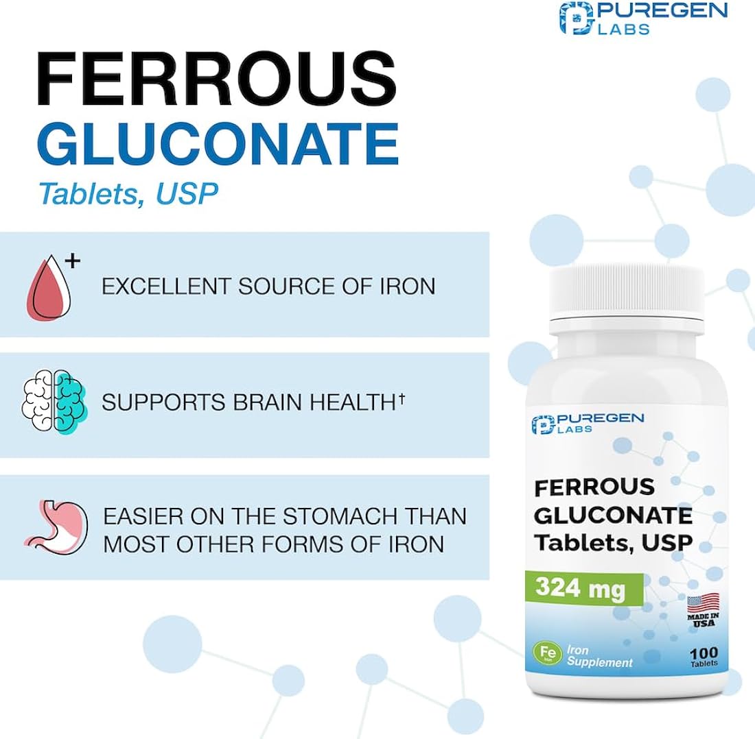 Suplemento Puregen Labs Gluconato ferroso 324 mg 100 un