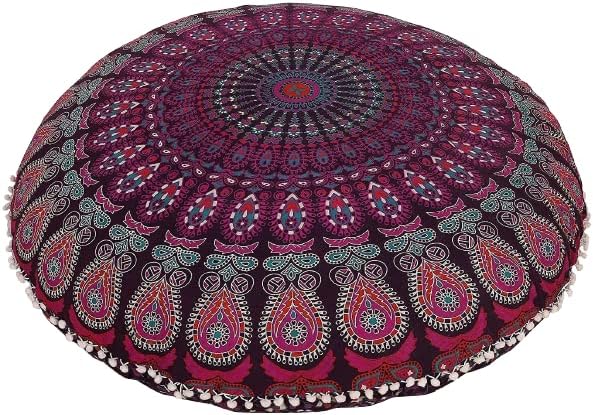 Funda bohemia para cojín, de 32 pulgadas, con diseño de mandala, para meditación, decorativa, otomana, grande, para exteriores, decoración del hogar, decoración de arte en el hogar, redonda, con pompones de algodón, cómoda