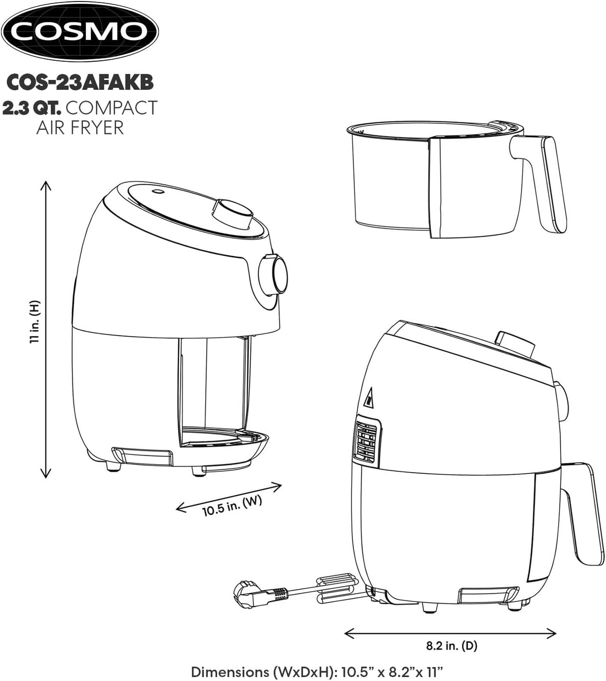 Freidora de aire COSMO COS-23AFAKB 2.3QT, 1000W, temporizador