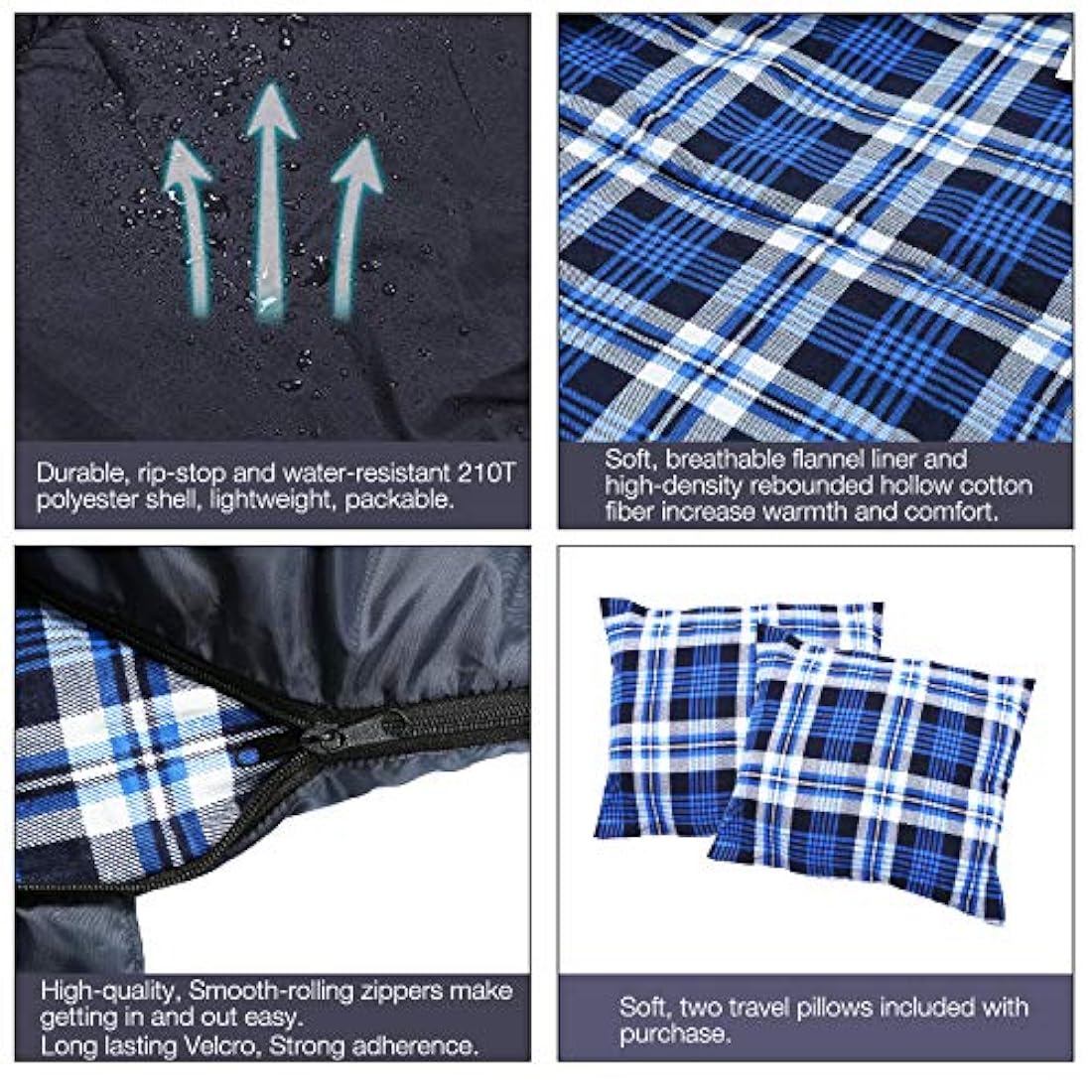 BESTEAM - saco de dormir doble color azul con almohadas