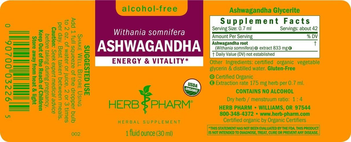 Suplemento Herb Pharm Gotas de extracto de ashwagandha 1 oz