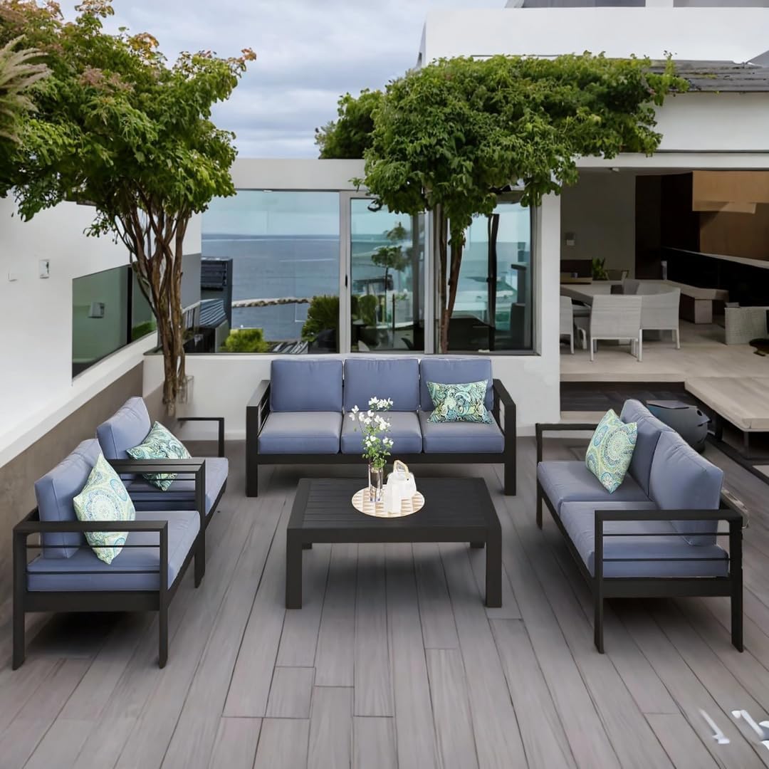 Solaste Juego de muebles de aluminio para patio, 5 piezas, moderno juego de conversación al aire libre, sofá seccional con cojín mejorado y mesa auxiliar, marco negro y cojín azul