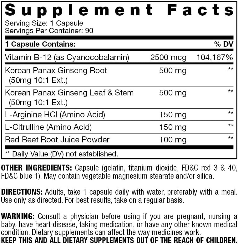 Vitamina B-12 2500 Panax Ginseng con L-Arginina potenciador