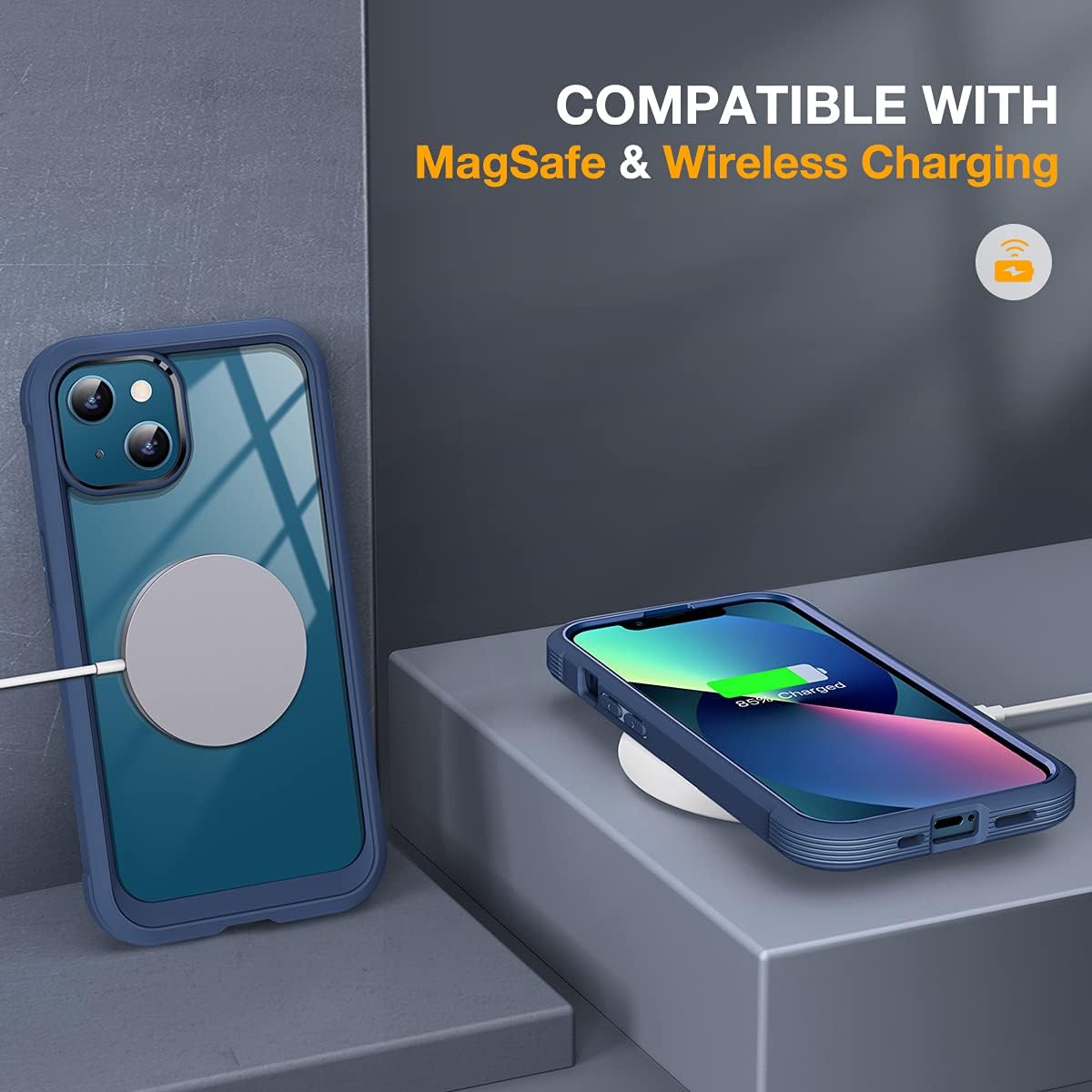 Miracase Funda compatible con iPhone 13 de 6.1 pulgadas, 2021 carcasa transparente de cristal de cuerpo completo con protector de pantalla de cristal templado 9H incorporado para iPhone 13, azul oscuro