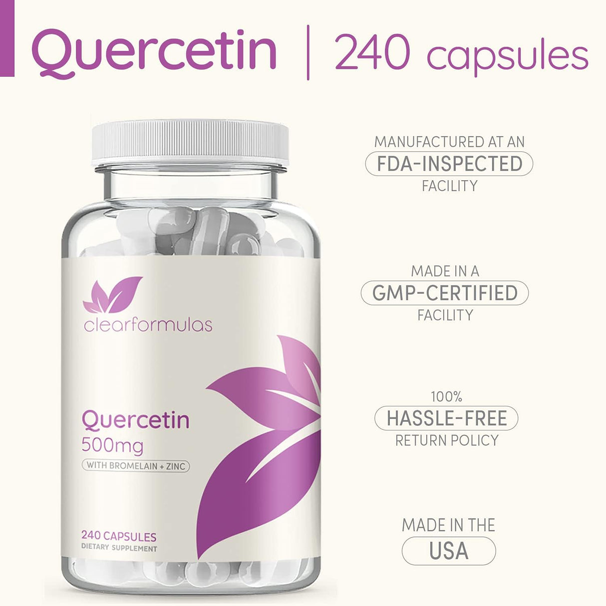 Quercetina 500mg con Bromelina y Zinc 240 Cápsulas Dihidrato