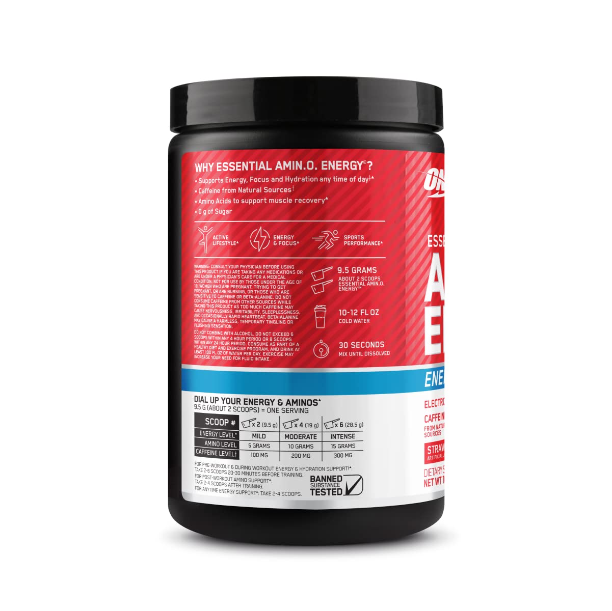 Optimum Nutrition Amino Energy Plus Electrolytes - Bebida energética con aminoácidos y electrolitos, hidratación, sin azúcar, sabor a fresa, 10.5 onzas (30 porciones), rosa (el embalaje puede variar)