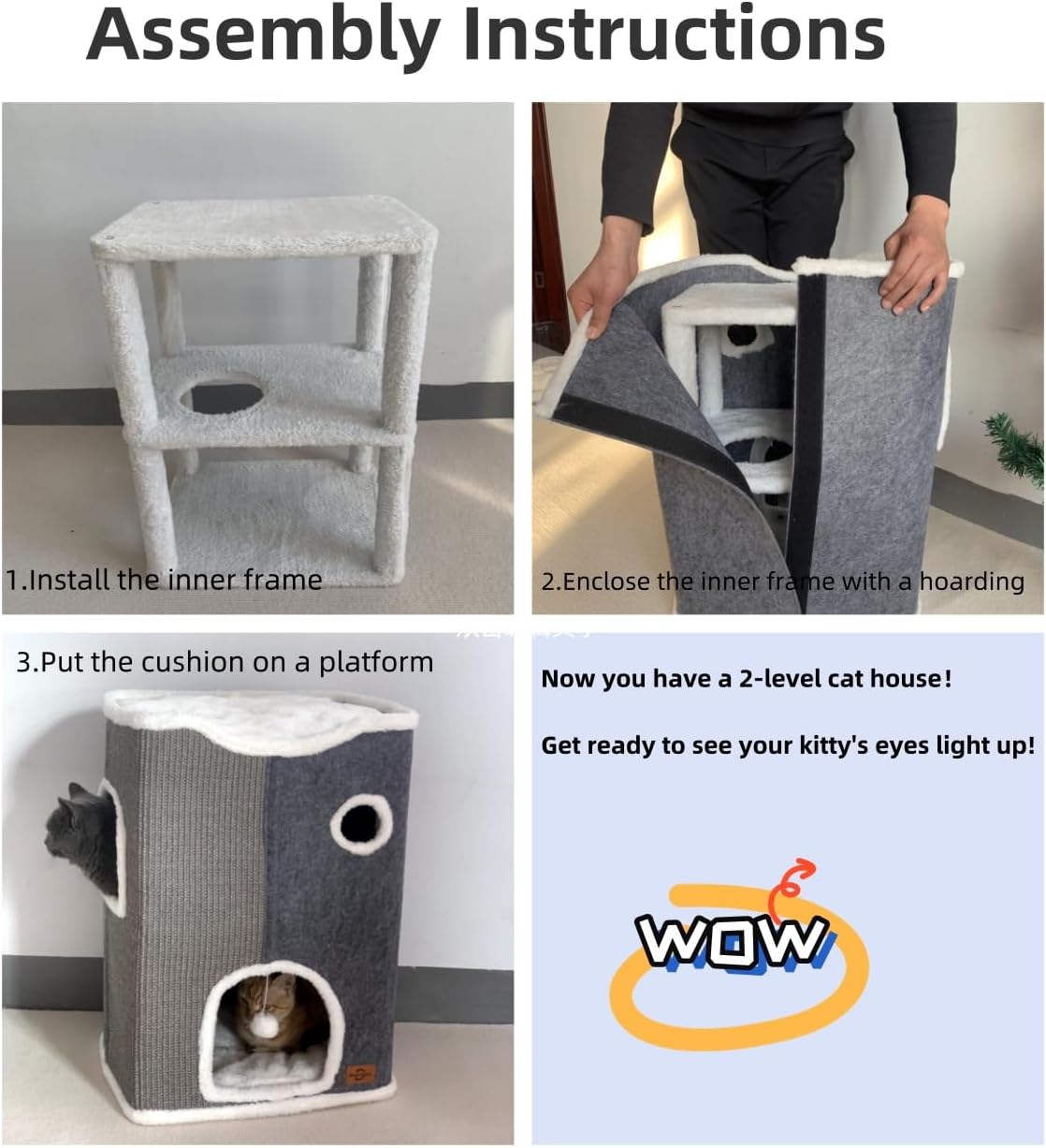 Casa de gato de 3 niveles, moderno, con rascador y cueva