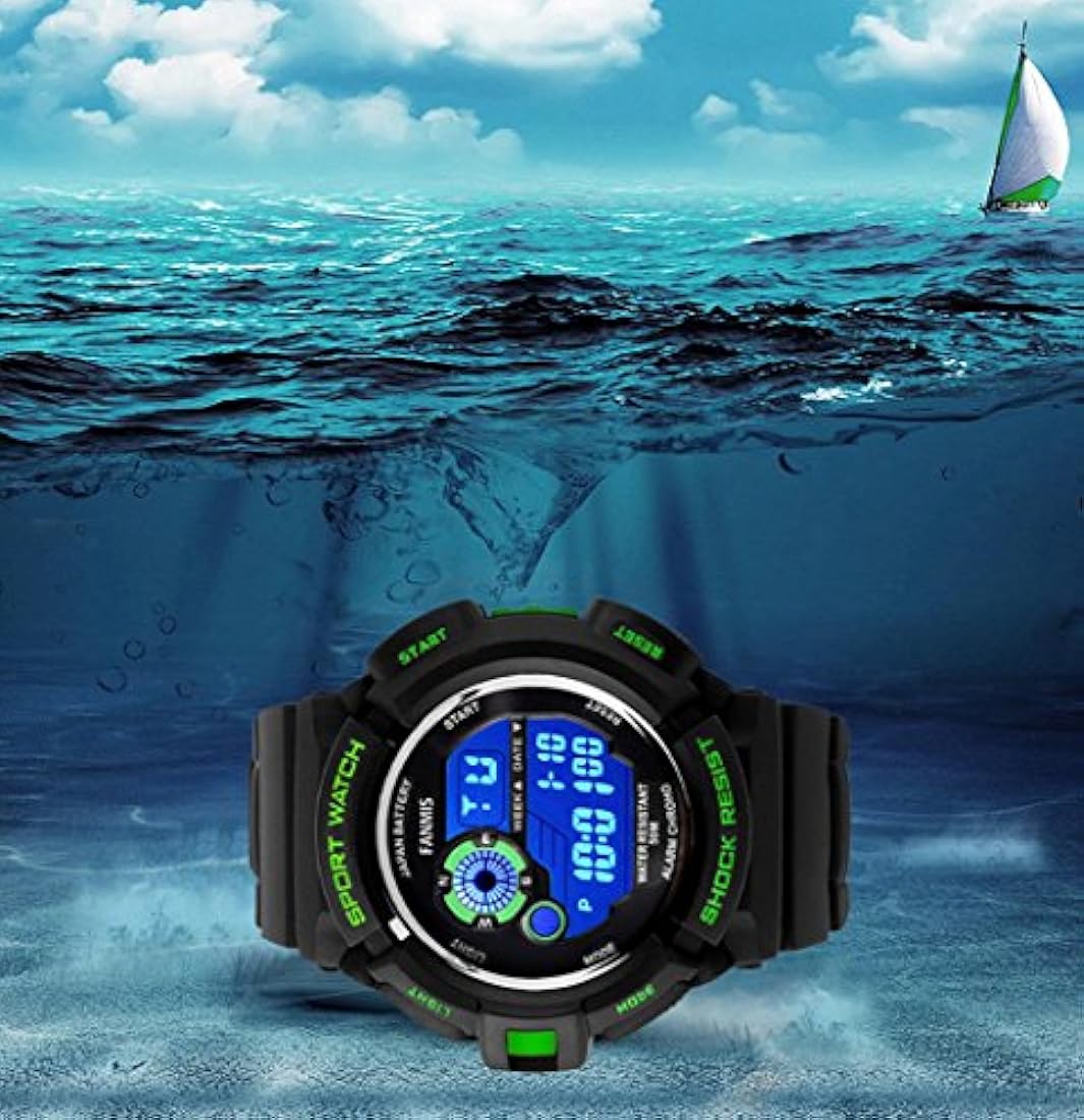 fanmis Militar Mens Deporte Watches Multi Función Impermeable despertador digital negro correa de hule reloj verde