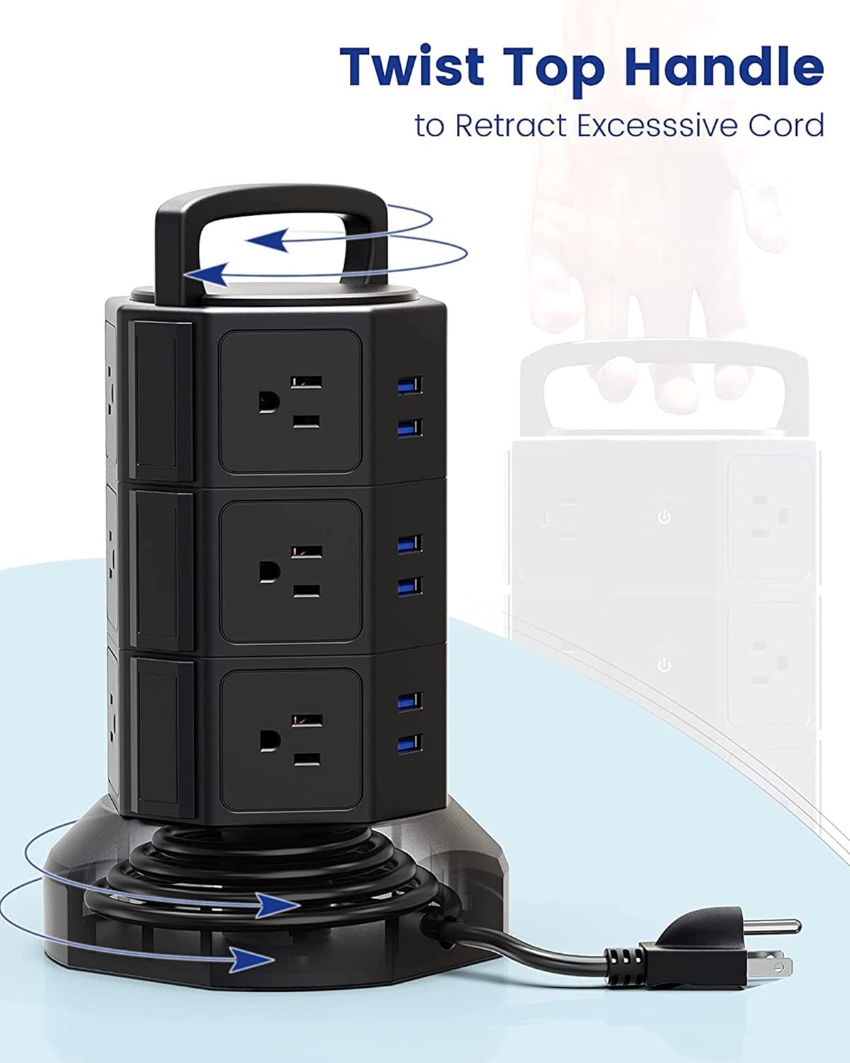 JACKYLED - Regleta de alimentación con protección contra sobretensiones, torre eléctrica de sobretensiones de 1625 W, 13 A, 12 tomas, 6 puertos USB, estación de carga con cable de extensión resistente