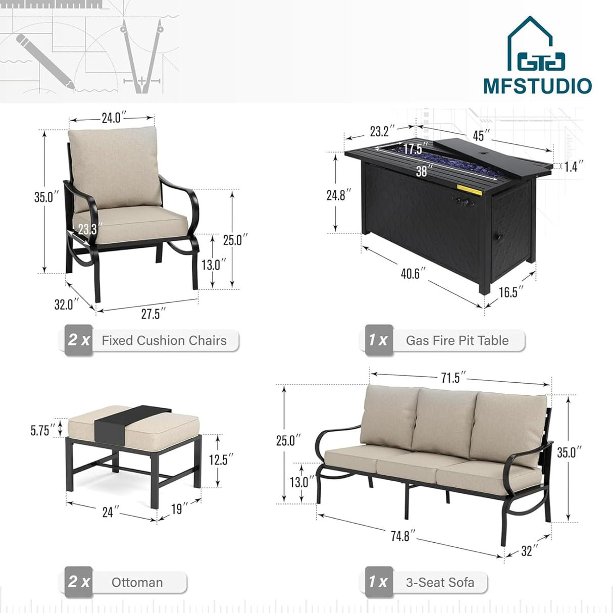 MFSTUDIO Juego de muebles de patio de 6 piezas con mesa de fogata de gas de 45 pulgadas (hasta 7 asientos), sofás de conversación de metal para exteriores con 1 sofá de 3 asientos, 2 sofás sillas y 2 otomanas