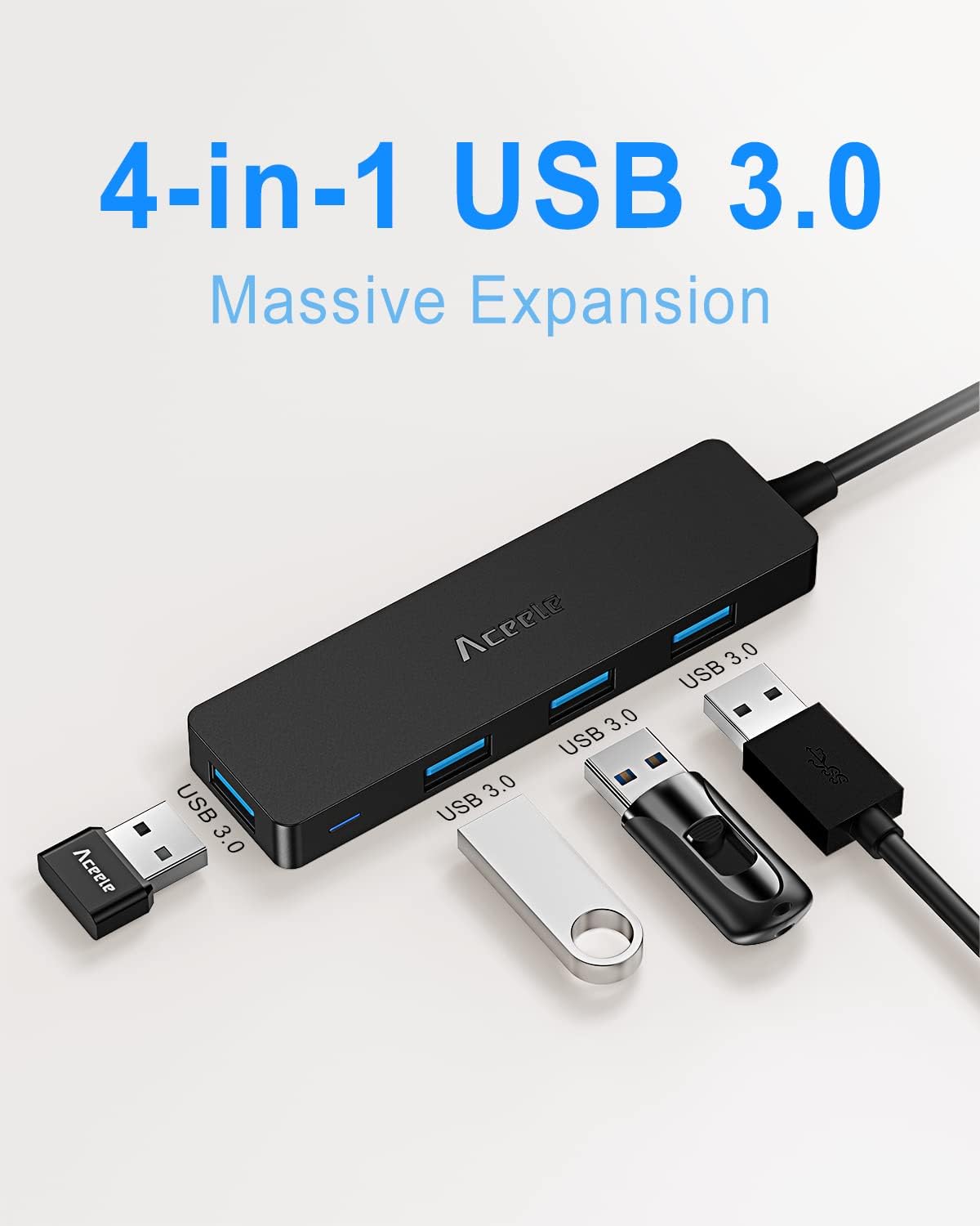 Divisor Hub USB 3.0 con cable de extensión y 4 pies de largo