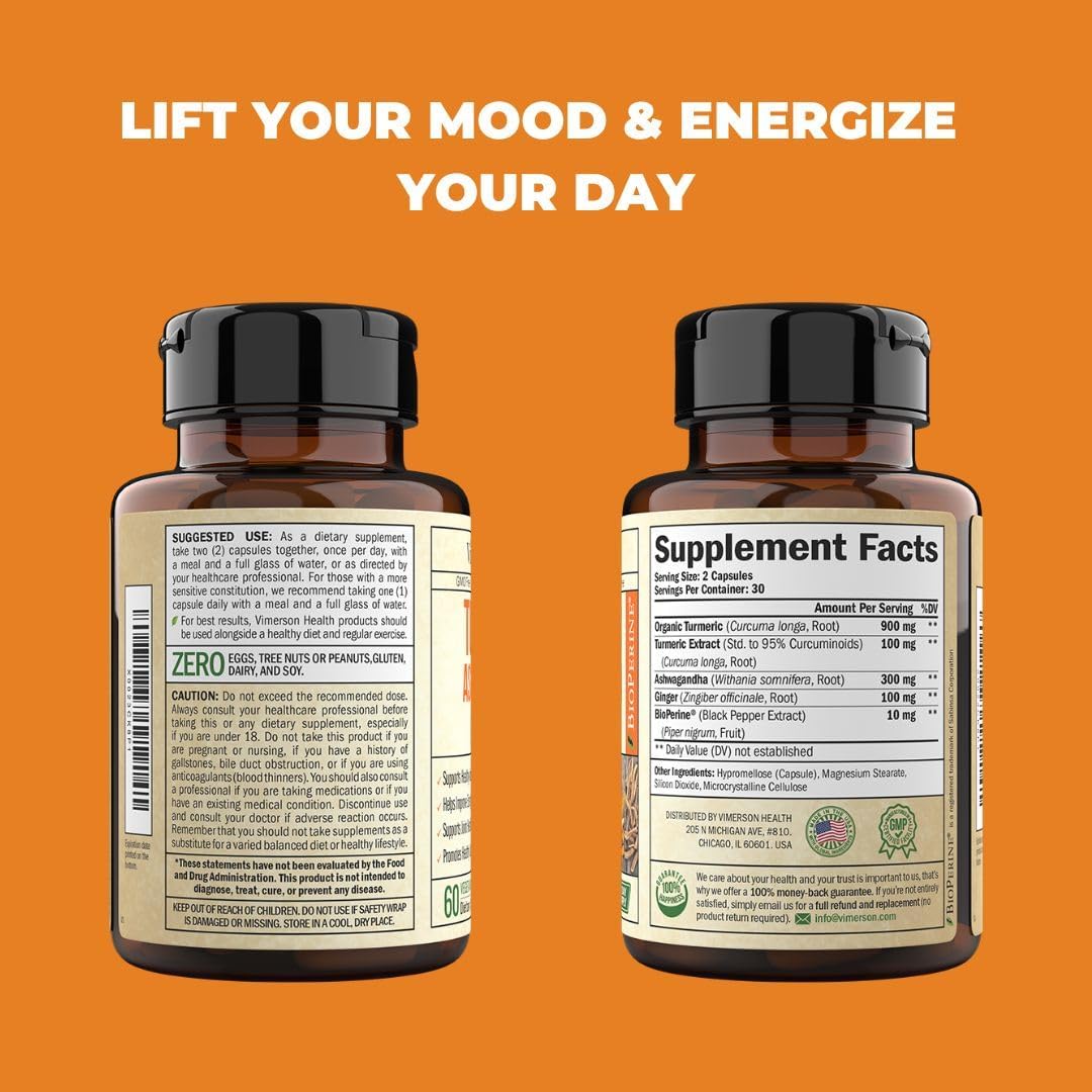 Suplemento con Curcumina, Jengibre, Ashwagandha y BioPerine