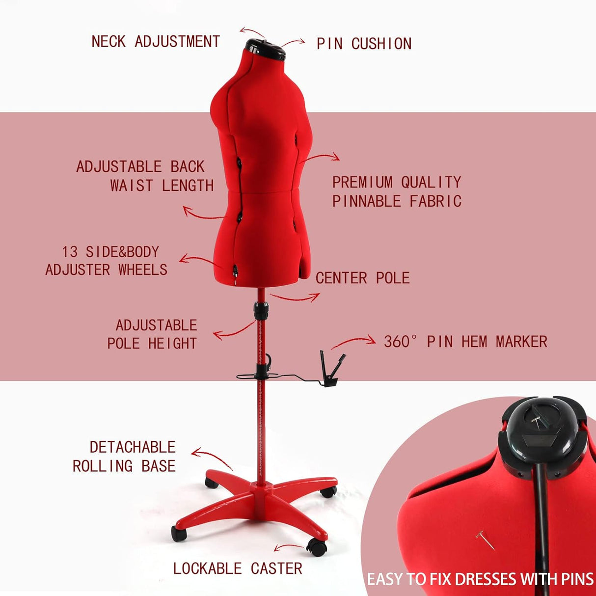 Maniquí Ajustable para Costura, 13 Diales, Base Rodante, S-M