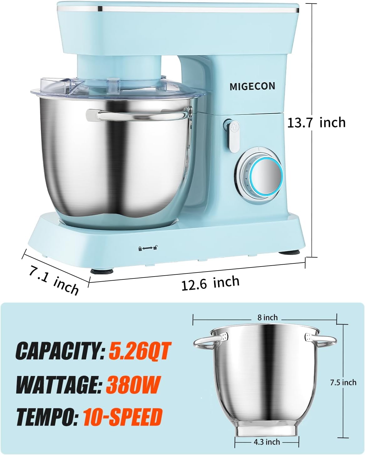 Batidora de pie MIGECON, 10 velocidades, 5.26 QT, accesorios