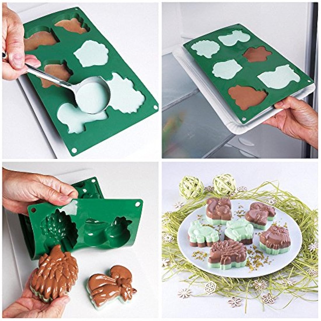 Molde de silicona para animales de bosque – MoldFun ardilla rana zorro tortuga búho erizo bandeja para cubitos de hielo, gelatina, galletas, magdalenas, pasteles, chocolate, jabón, barra de loción, cera, arcilla, cereza, yeso, hormigón
