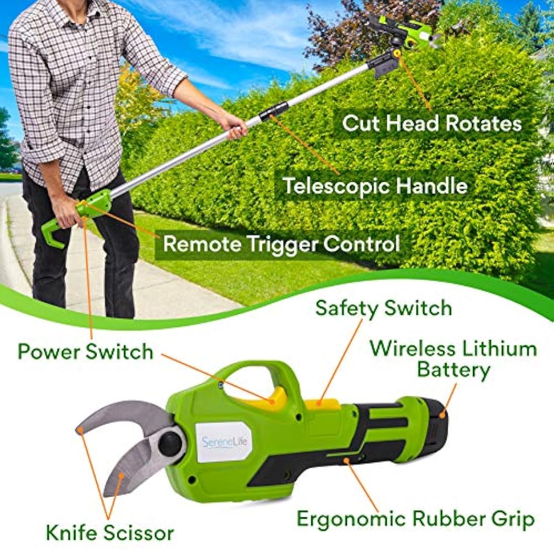 Podadora eléctrica inalámbrica con mango SERENELIFE PSPR190