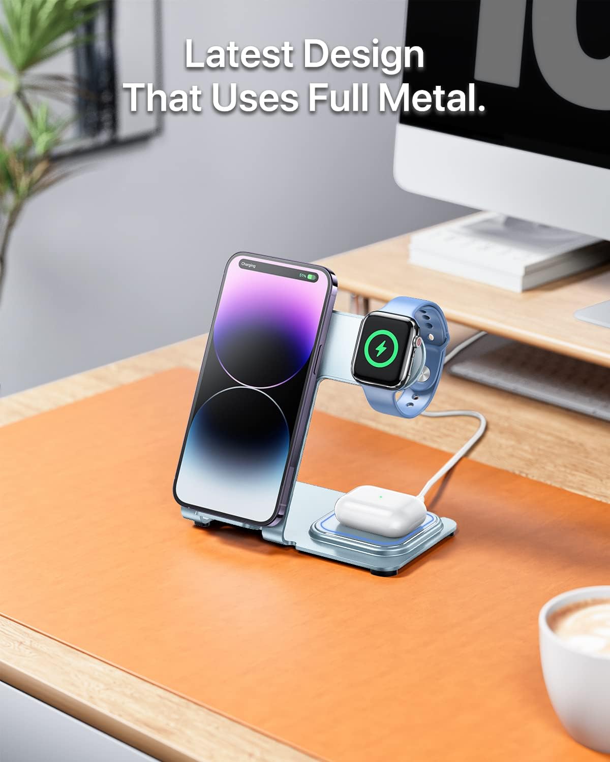 Cargador o Estación de carga inalámbrico 3 en 1 azul