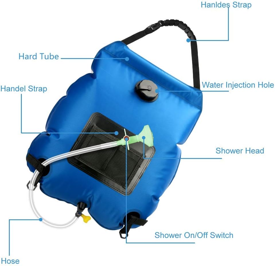 Ducha solar portátil 20L con manguera y cabezal desmontable