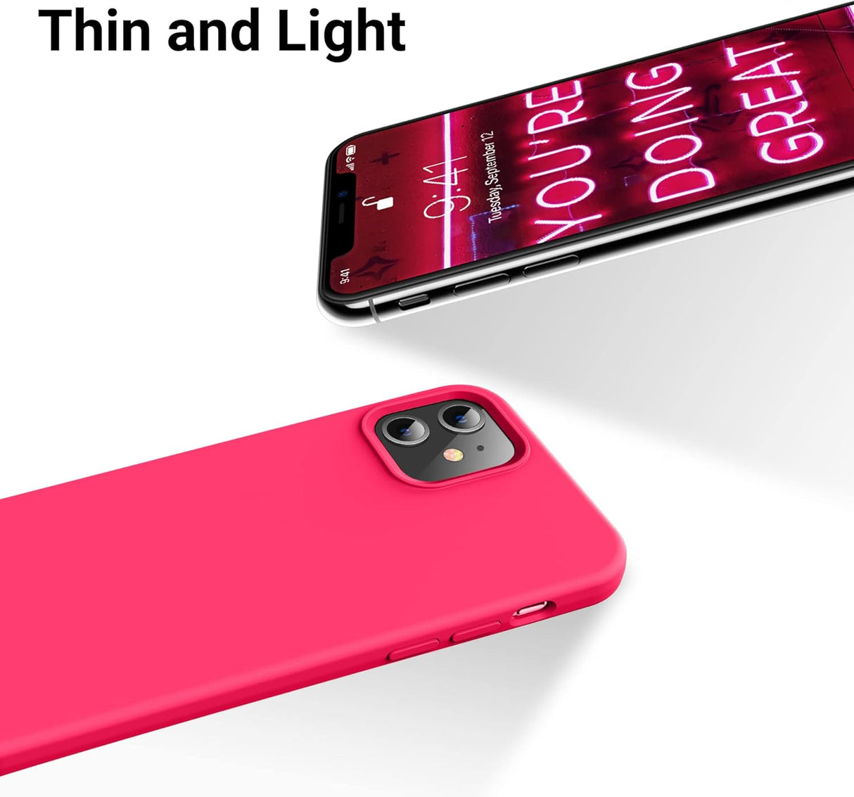 OTOFLY Funda de silicona suave diseñada para iPhone 12/12 Pro, protección contra caídas de grado militar, forro de microfibra antiarañazos, funda protectora a prueba de golpes, funda delgada de 6.1 pulgadas, rosa neón