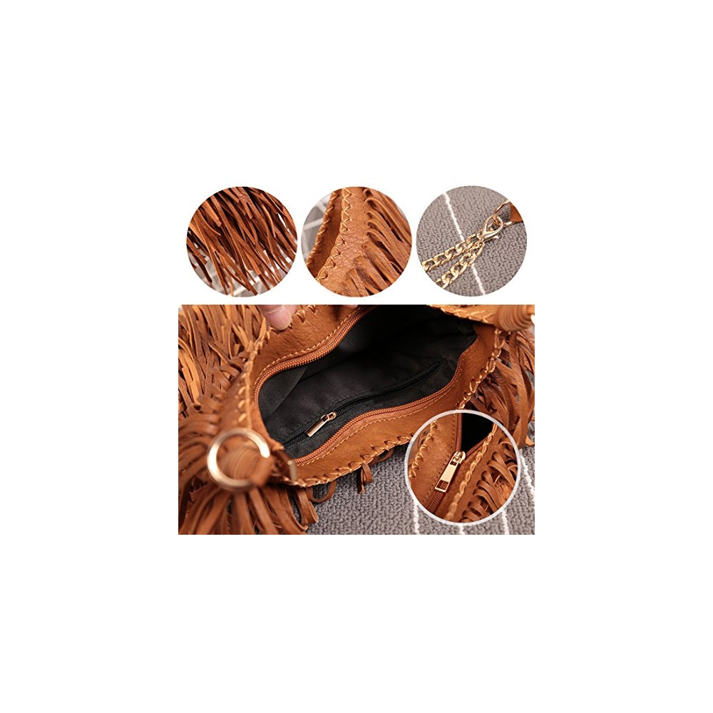 Bolso de hombro para mujer con flecos marron