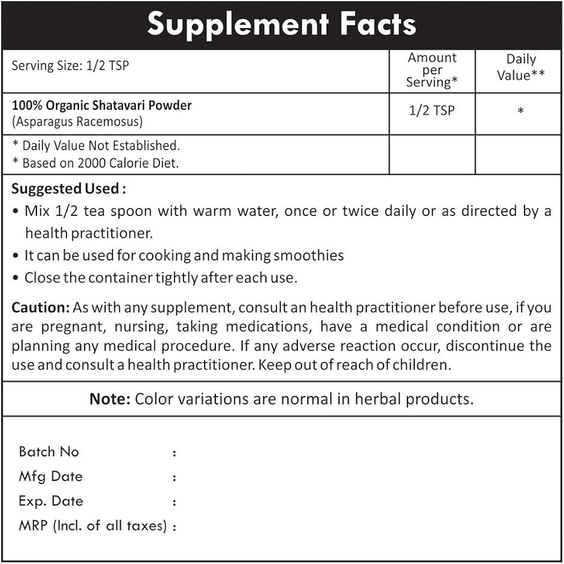 Suplemento Herbs Botanica Shatavari Polvo orgánico espárrago
