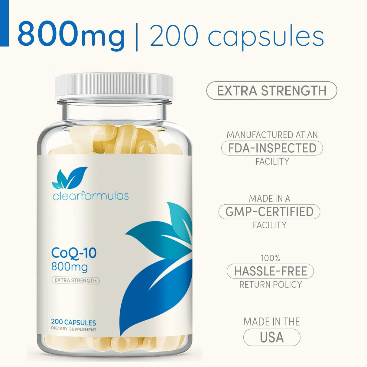 CoQ10 Puro 800mg Extra Fuerte 200 Cápsulas Vegetales Rápidas