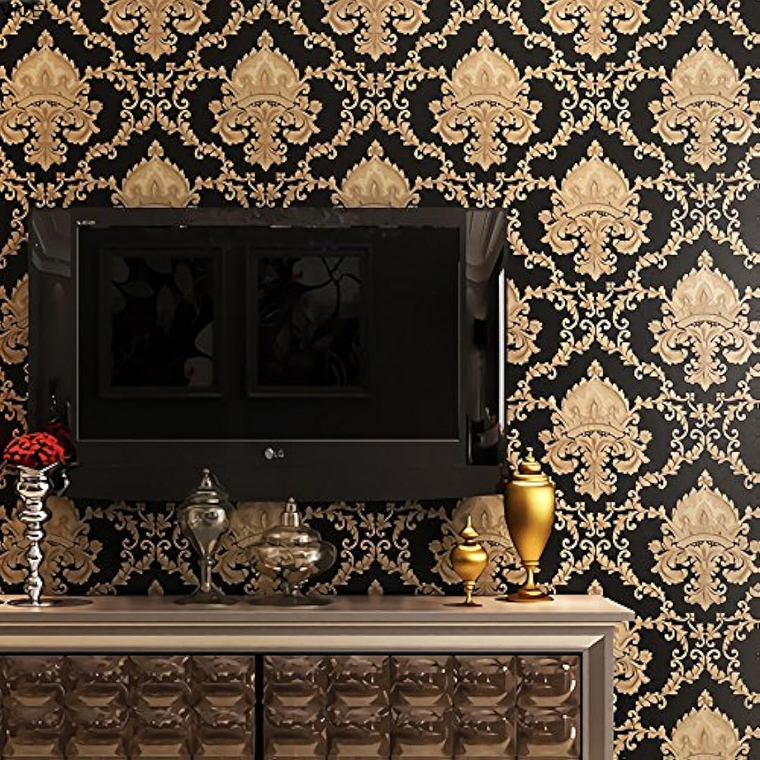 Papel vinilo estilo Damasco negro(1.7 ft x 32.8 ft)