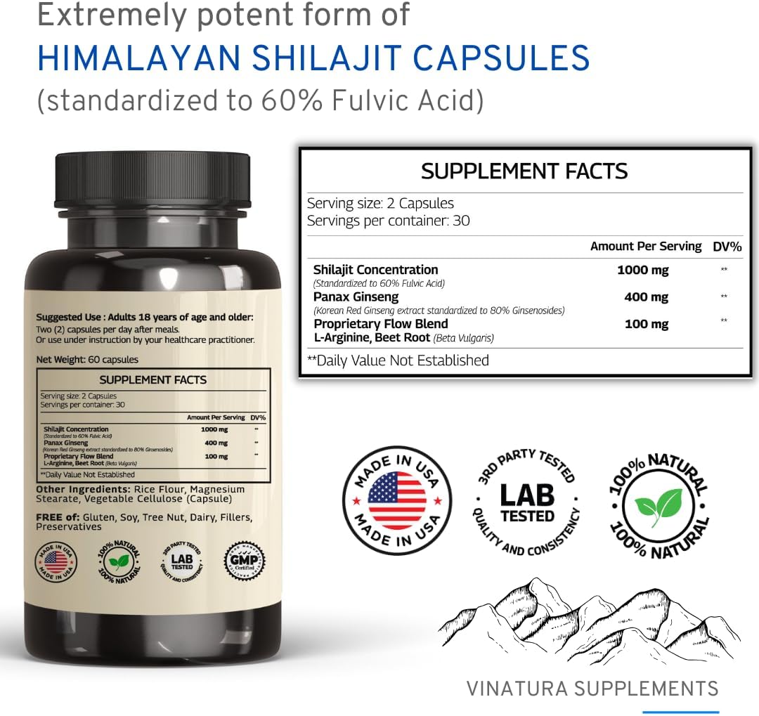 Suplemento Shilajit Pure Himalayan 1500 mg con Panax Ginseng