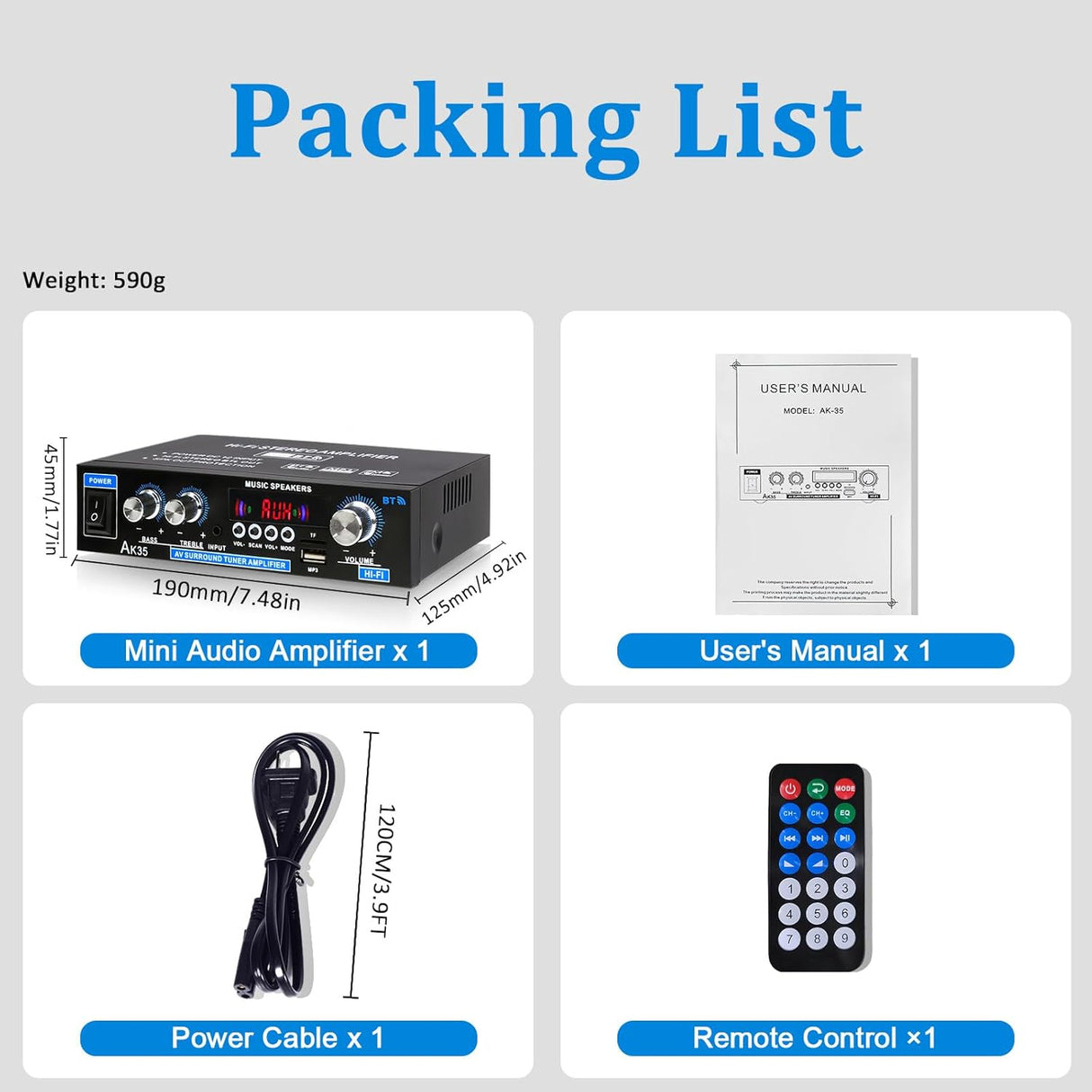 Amplificador Estéreo Bluetooth 5.0 200W con Control de Graves y Agudos AK35