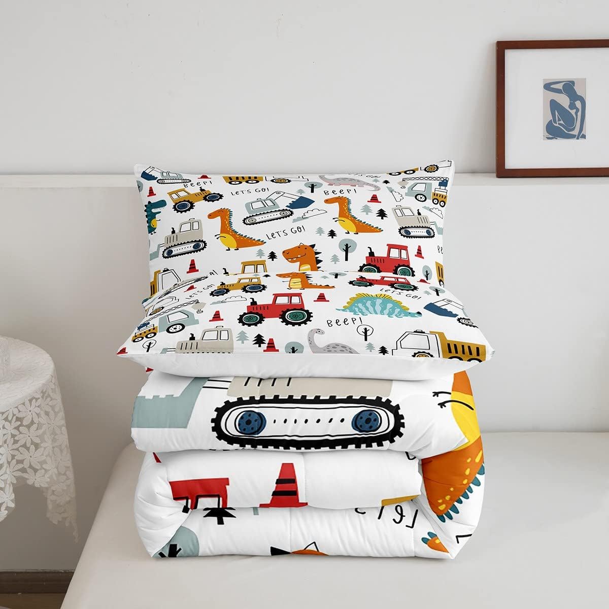 Juego de edredón de dinosaurio, Feelyou, vehículos de construcción