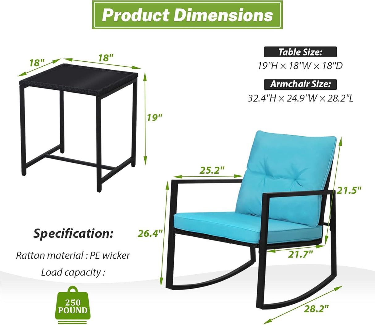 SUNCROWN Juego de 3 piezas de bistró mecedora para exteriores, muebles de mimbre negro, sillas de porche, juegos de conversación con mesa de café de cristal, azul claro
